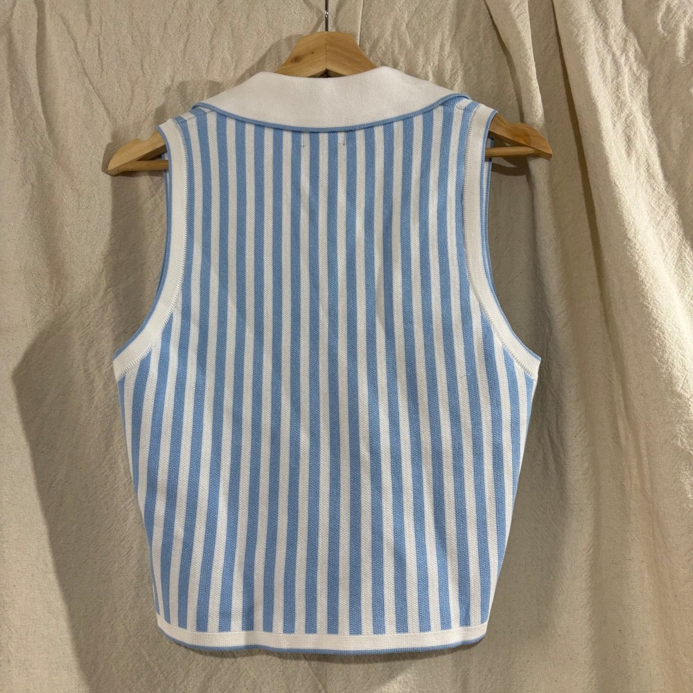 Milk & Honey Knitwear Blue White Striped Sleeveless Polo Sweater Vest Medium - Picture 2 of 6